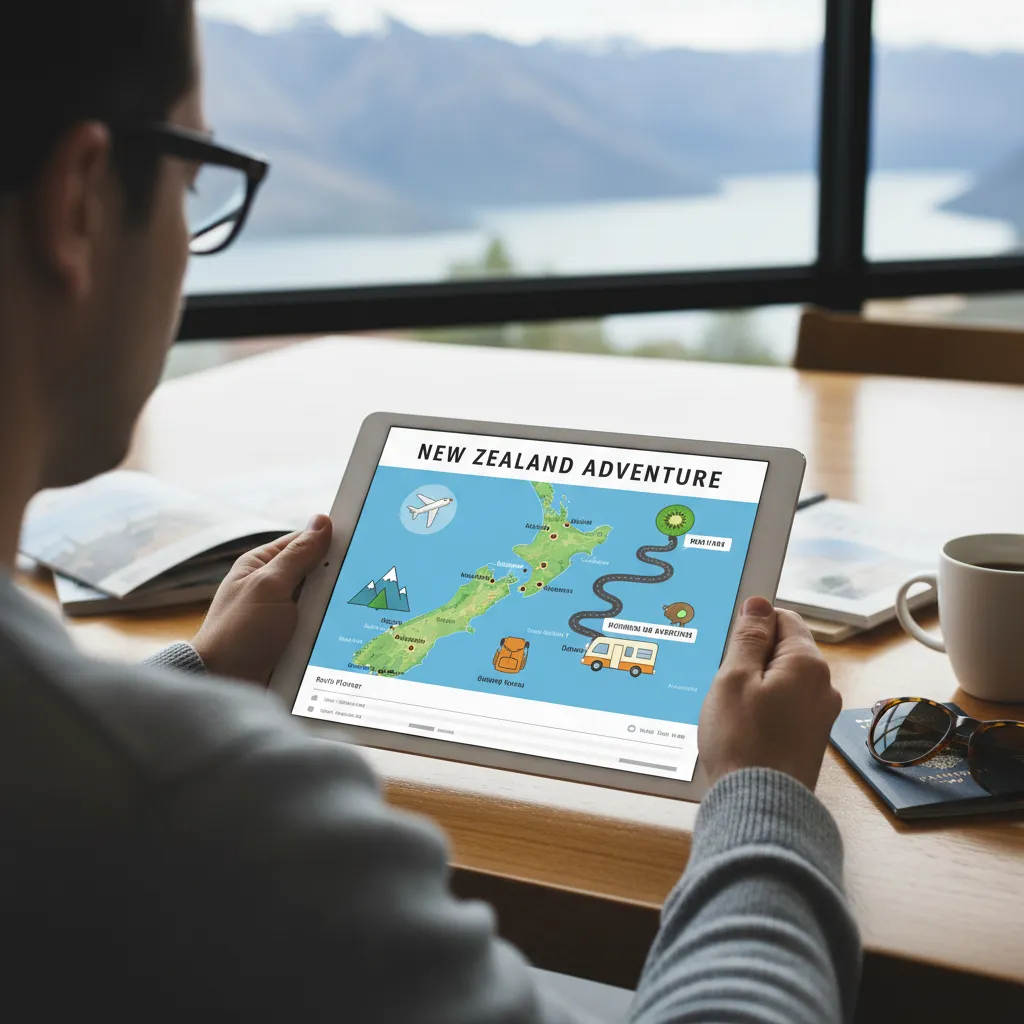 Person using a New Zealand travel planning app on a tablet