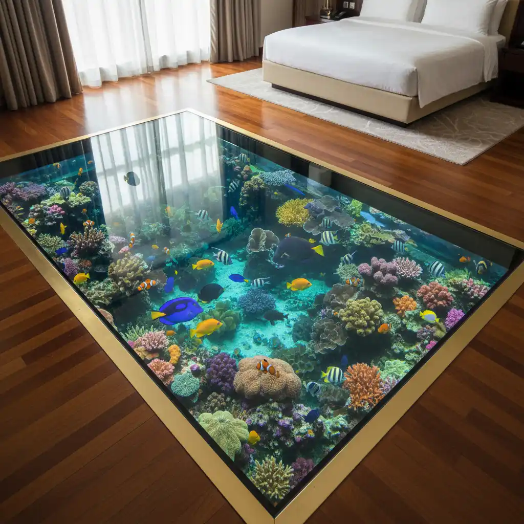 Glass floor panel in a Vanuatu overwater bungalow showing tropical fish