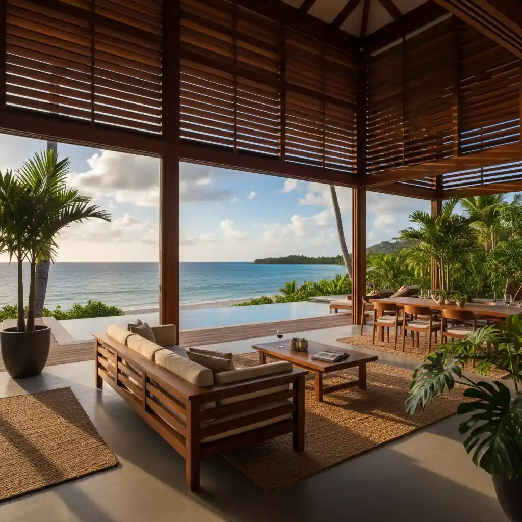 Interior of a modern luxury villa in Vanuatu overlooking the ocean