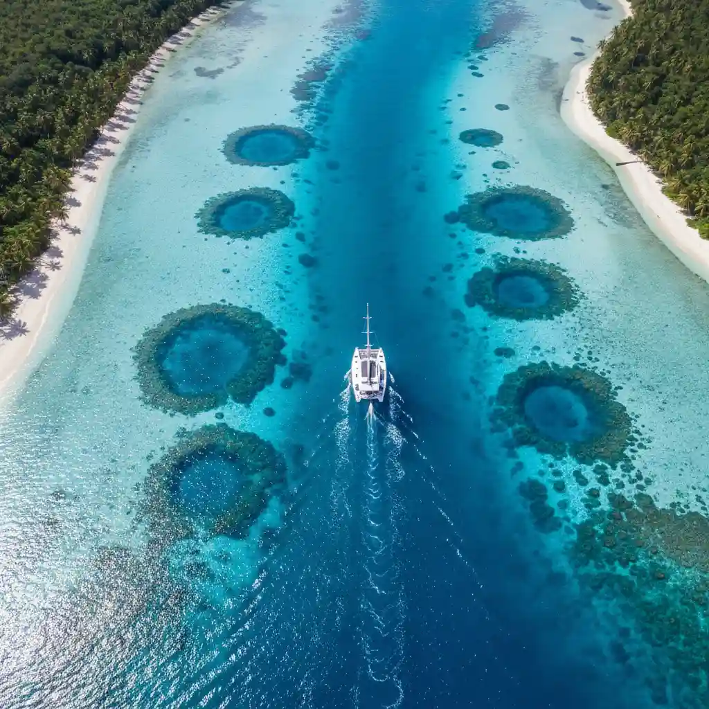 Private catamaran sailing past the blue holes of Espiritu Santo
