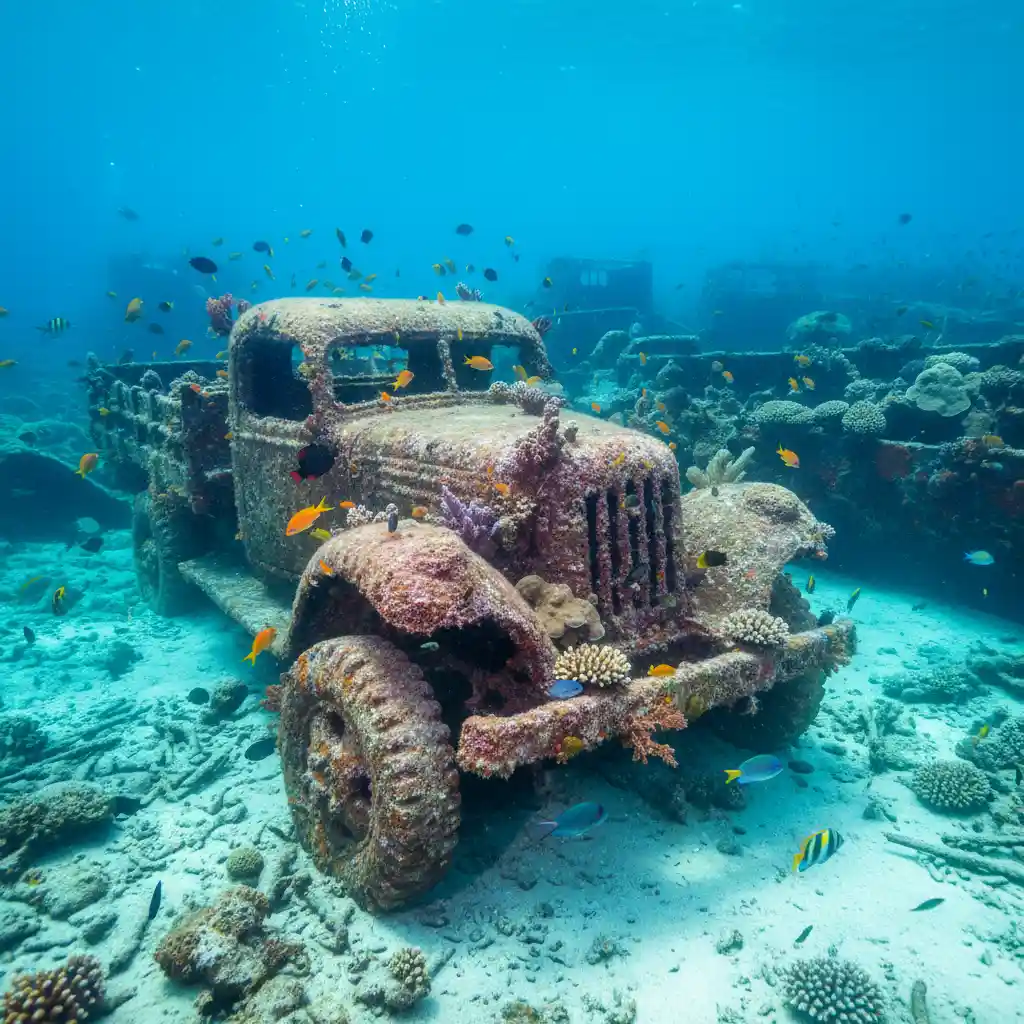 Underwater WWII wreckage at Million Dollar Point Luganville