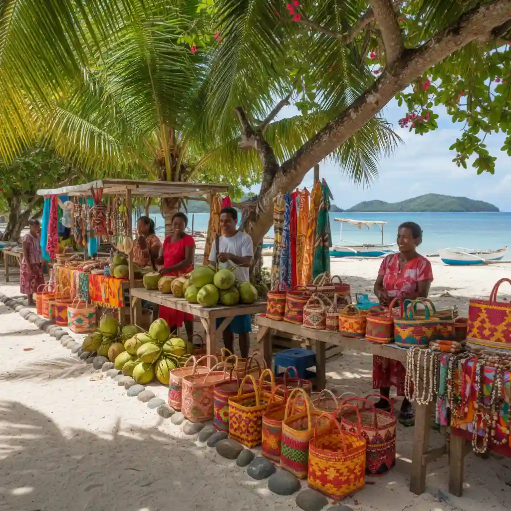 Local market stalls at Champagne Beach