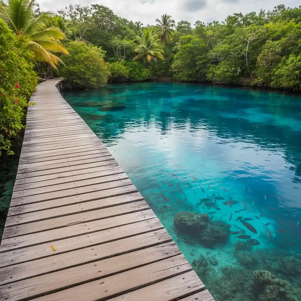 Nanda Blue Hole featuring wooden boardwalks and crystal clear sapphire water