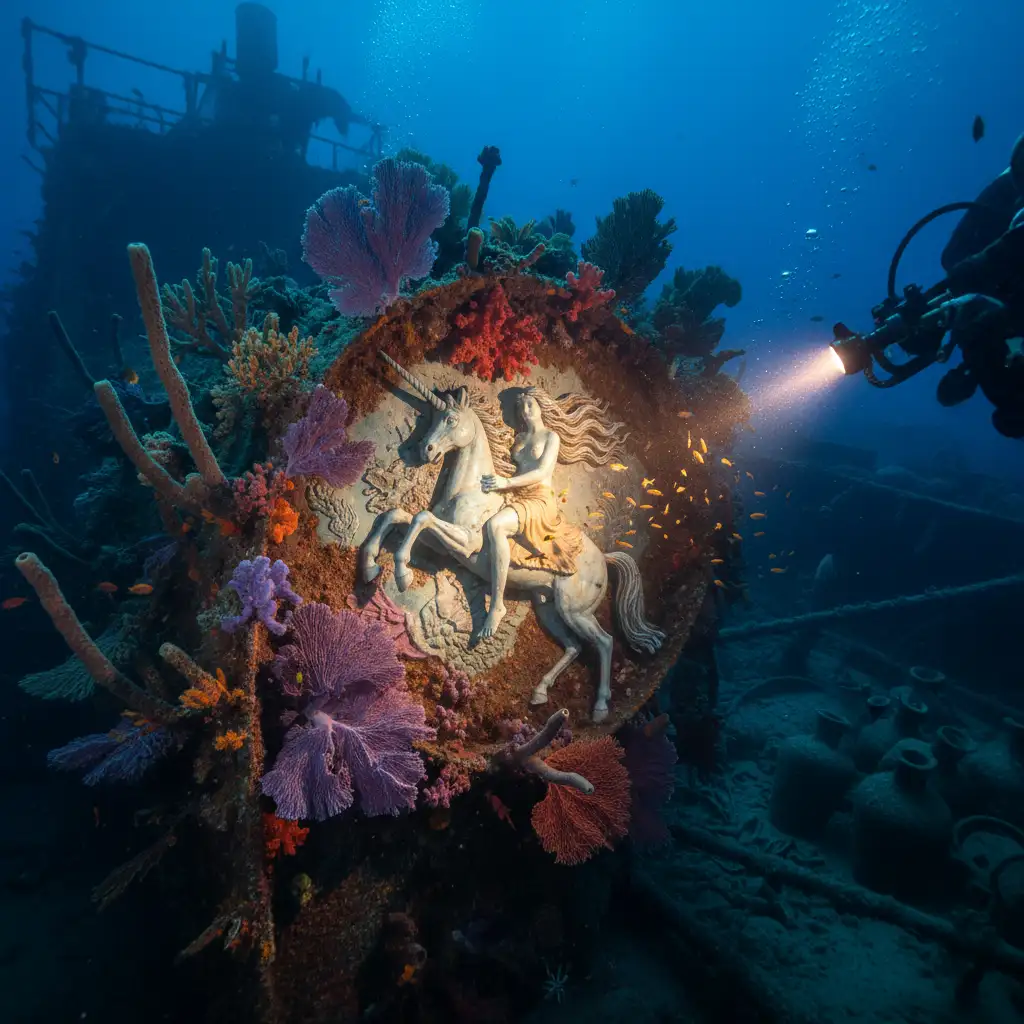 The iconic Lady and the Unicorn ceramic relief inside the SS President Coolidge