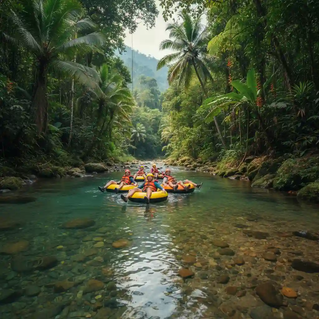Travelers enjoying the river float at Mount Hope Waterfall