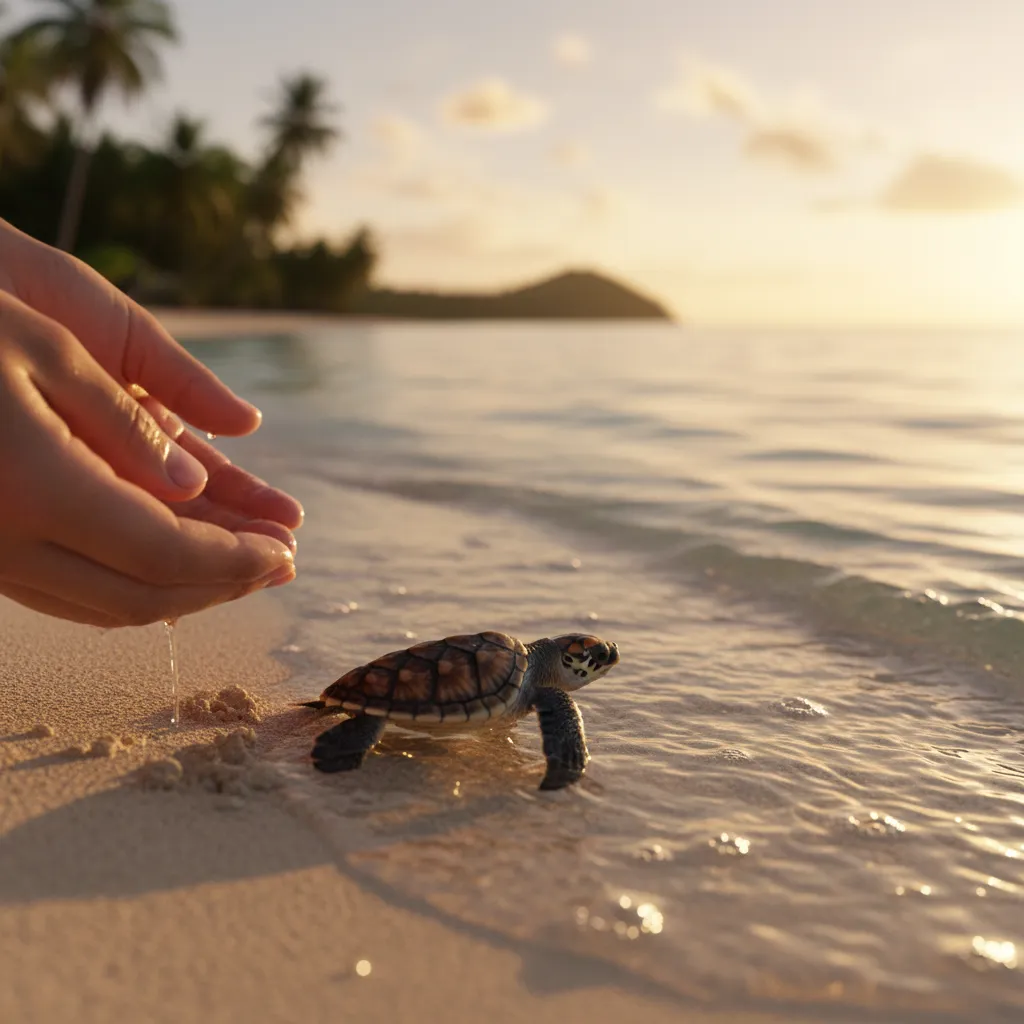 A baby Hawksbill turtle being released into the ocean in Vanuatu
