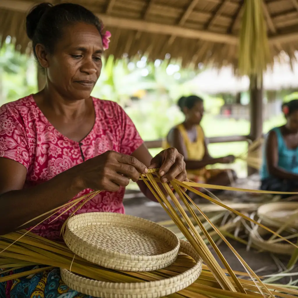 Ni-Vanuatu artisan weaving a traditional pandanus basket