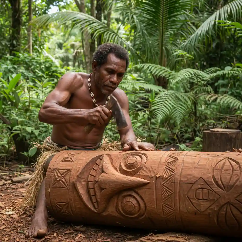 Ni-Vanuatu artisan carving a traditional Tamtam drum