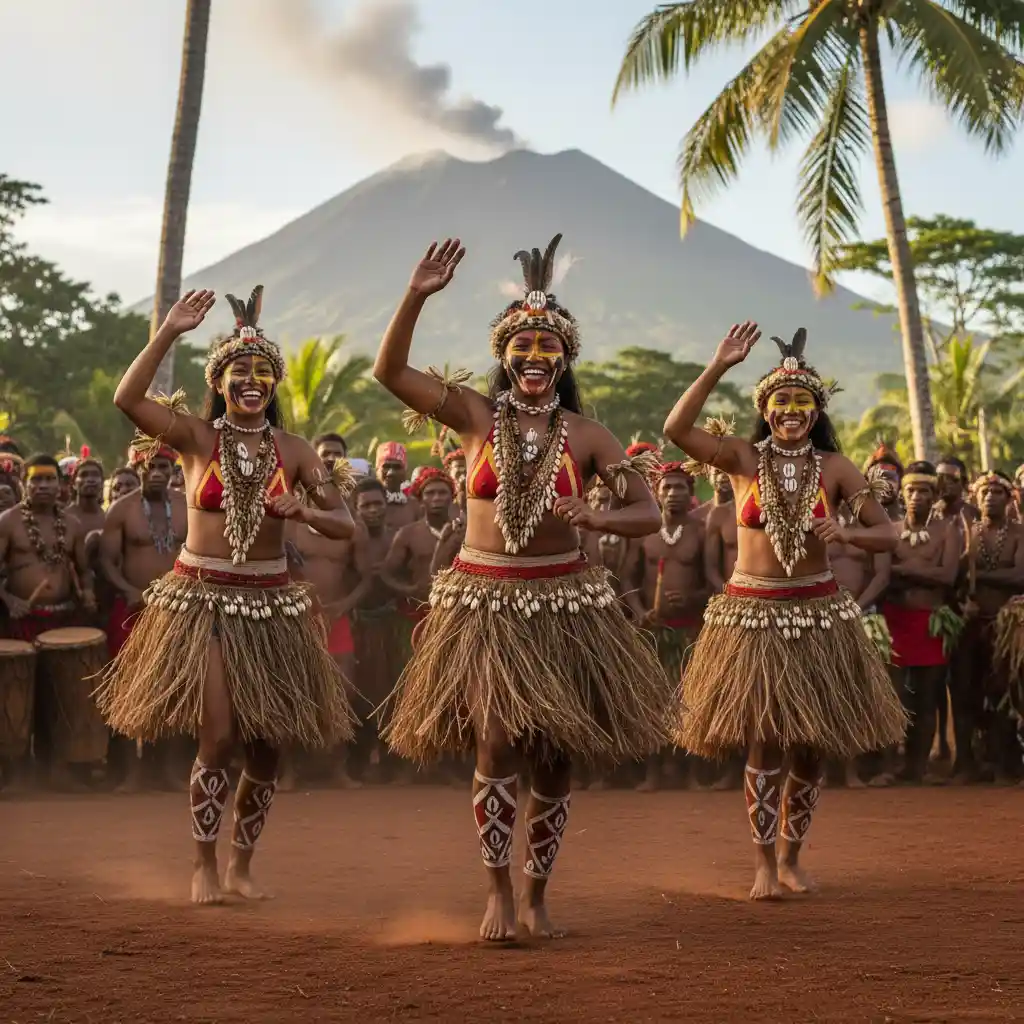 Women of Tanna performing the Toka dance with traditional face paint