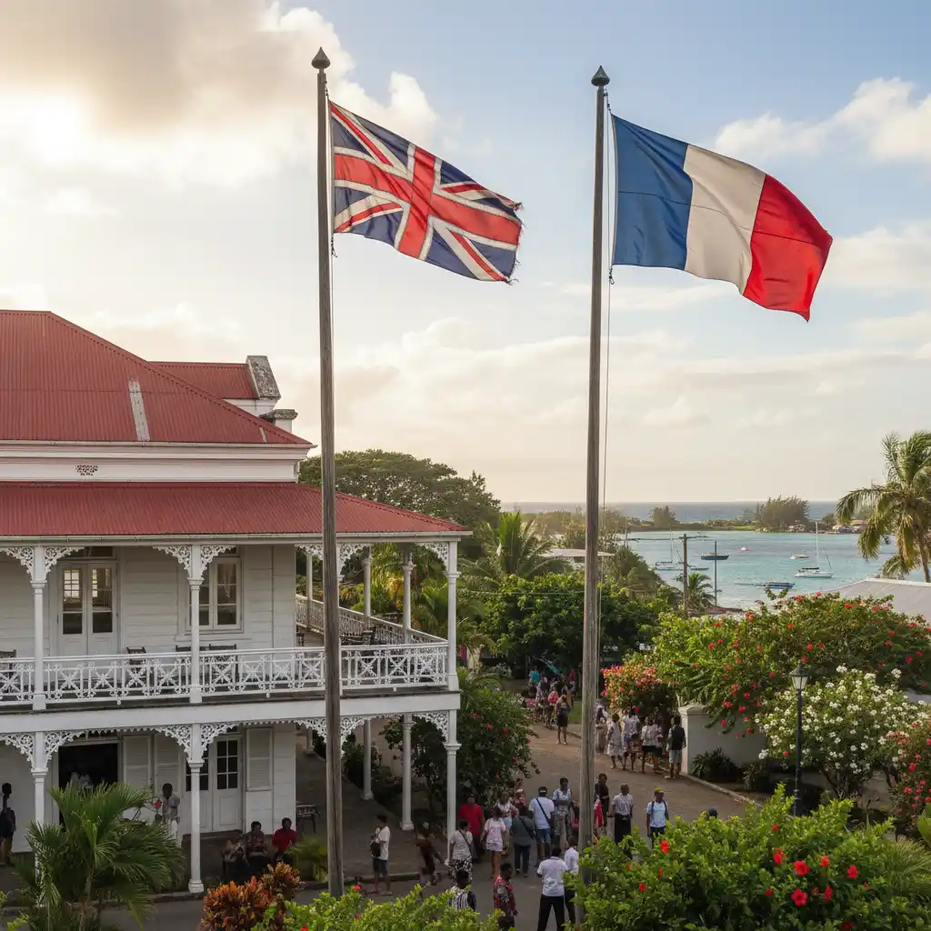 British and French flags flying side by side in colonial Port Vila
