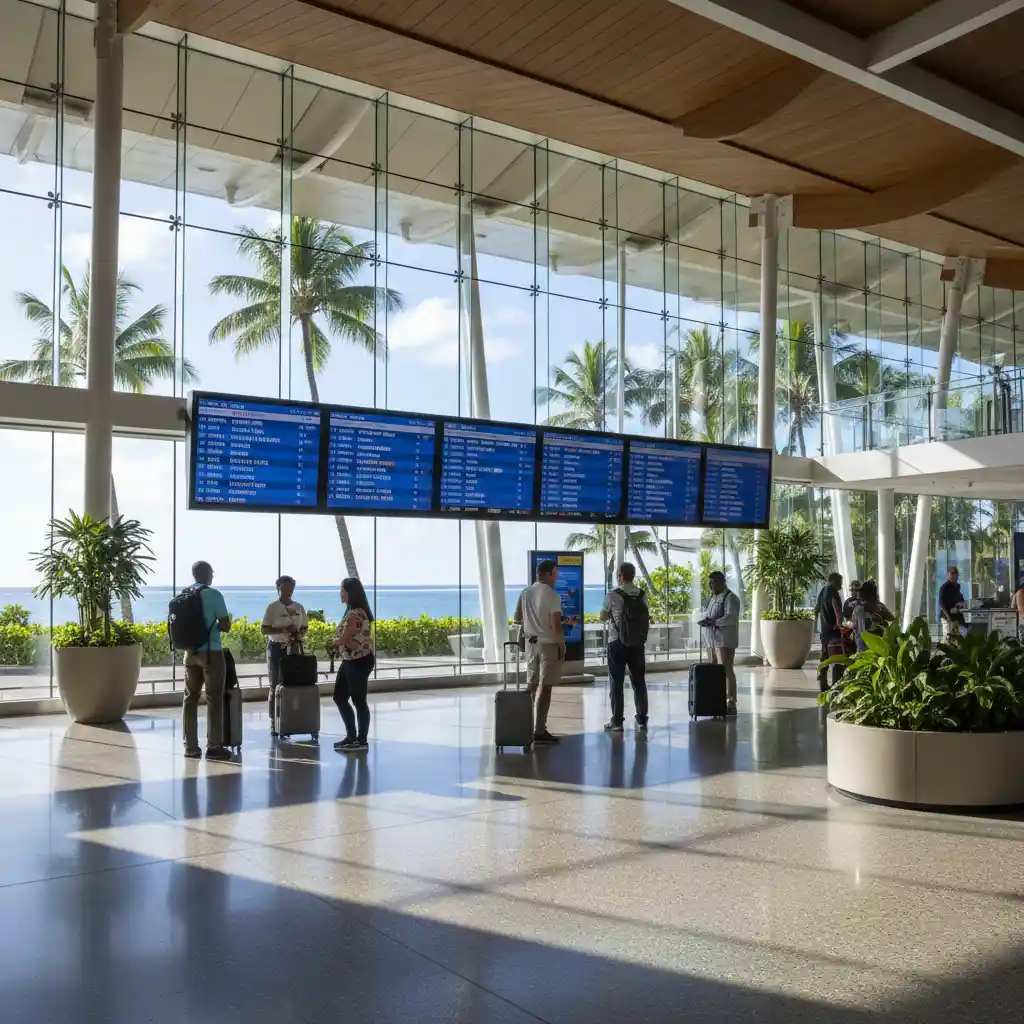 Travelers checking flights to Port Vila at airport