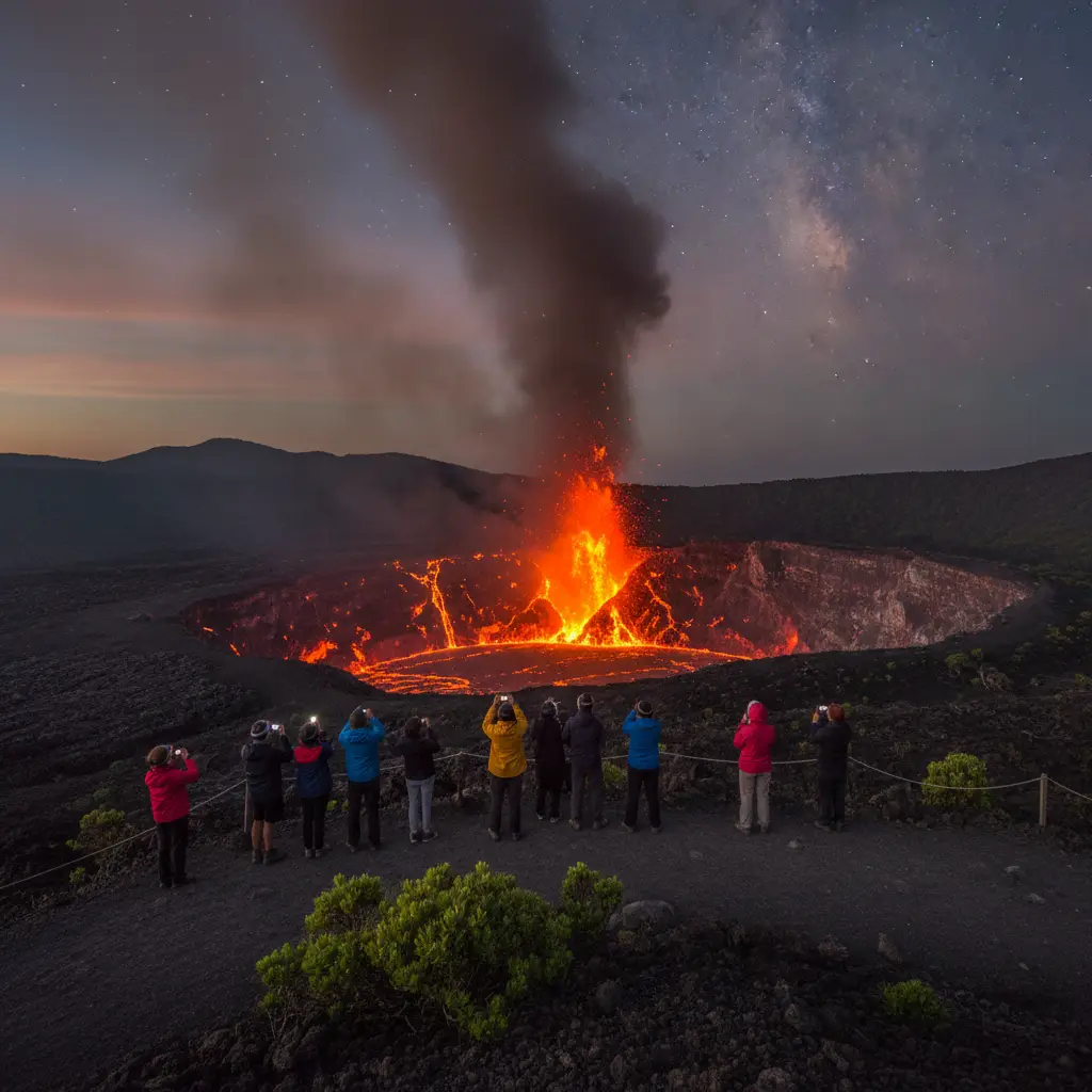 Tourists watching Mount Yasur volcano eruption at sunset