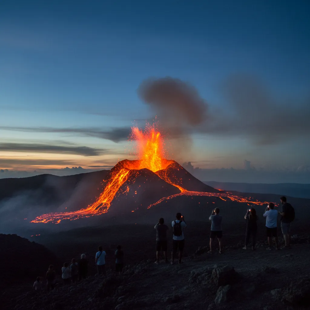 Mount Yasur volcano erupting at night