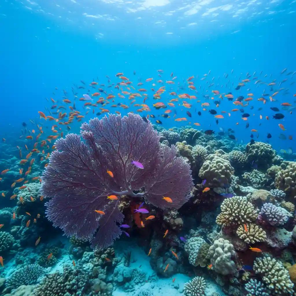 Vibrant coral reef scene in Port Vila with large sea fans and schooling fish