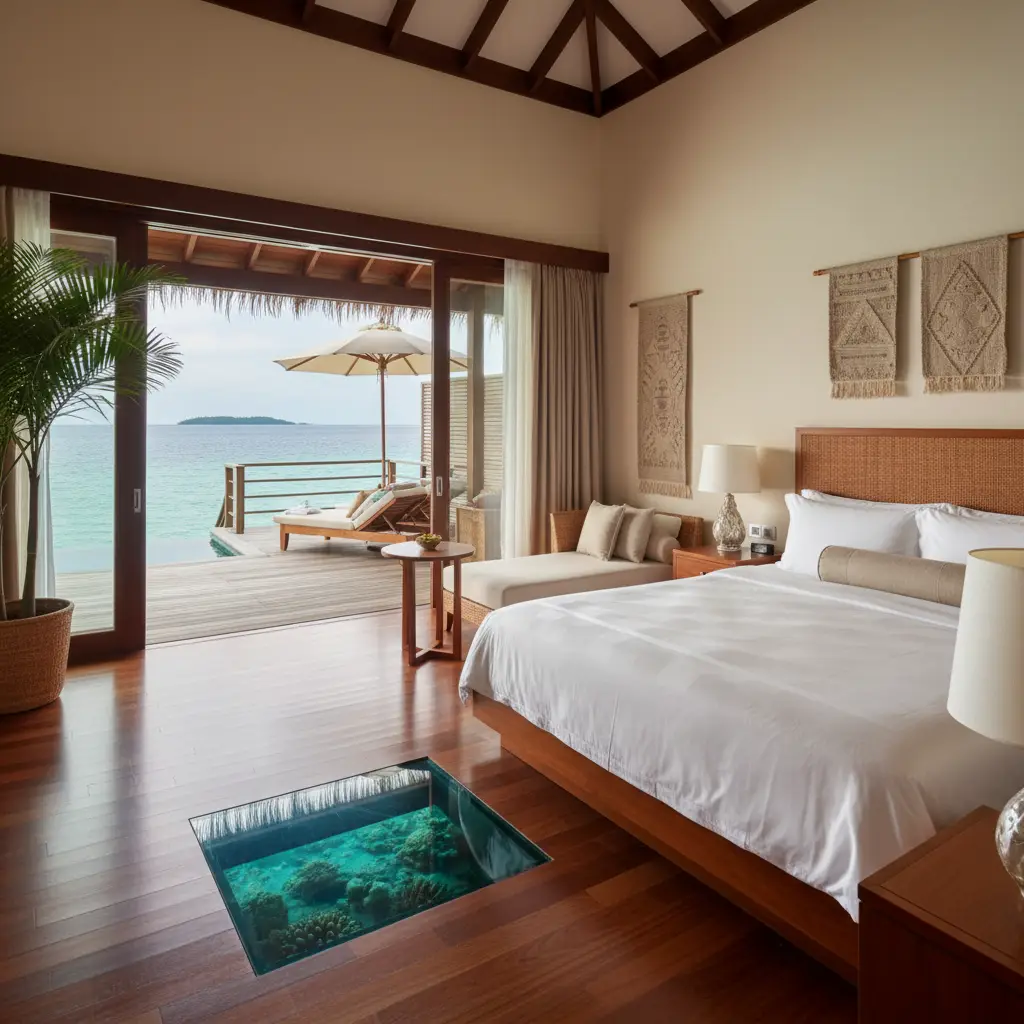 Interior of a luxury overwater bungalow in Vanuatu