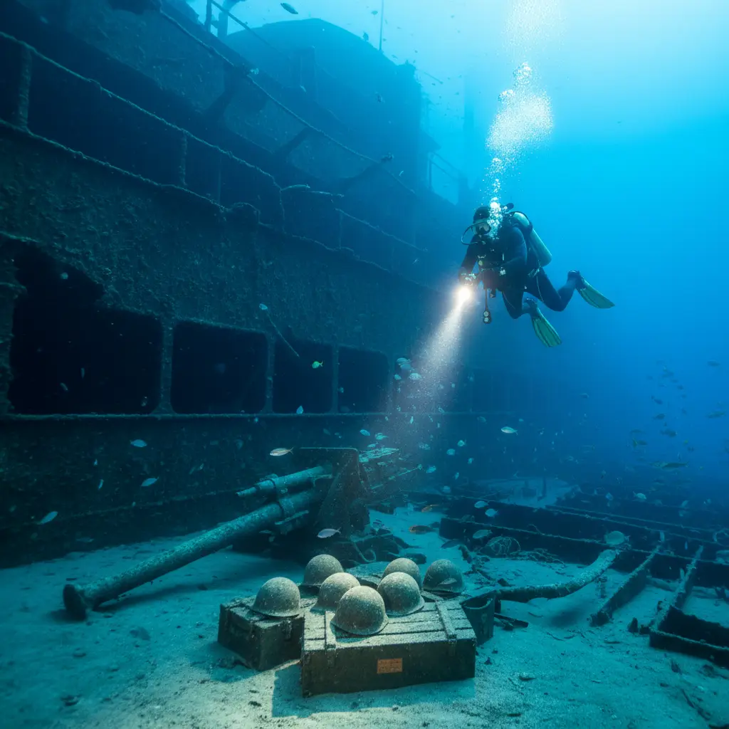Scuba diver exploring the SS President Coolidge wreck in Vanuatu