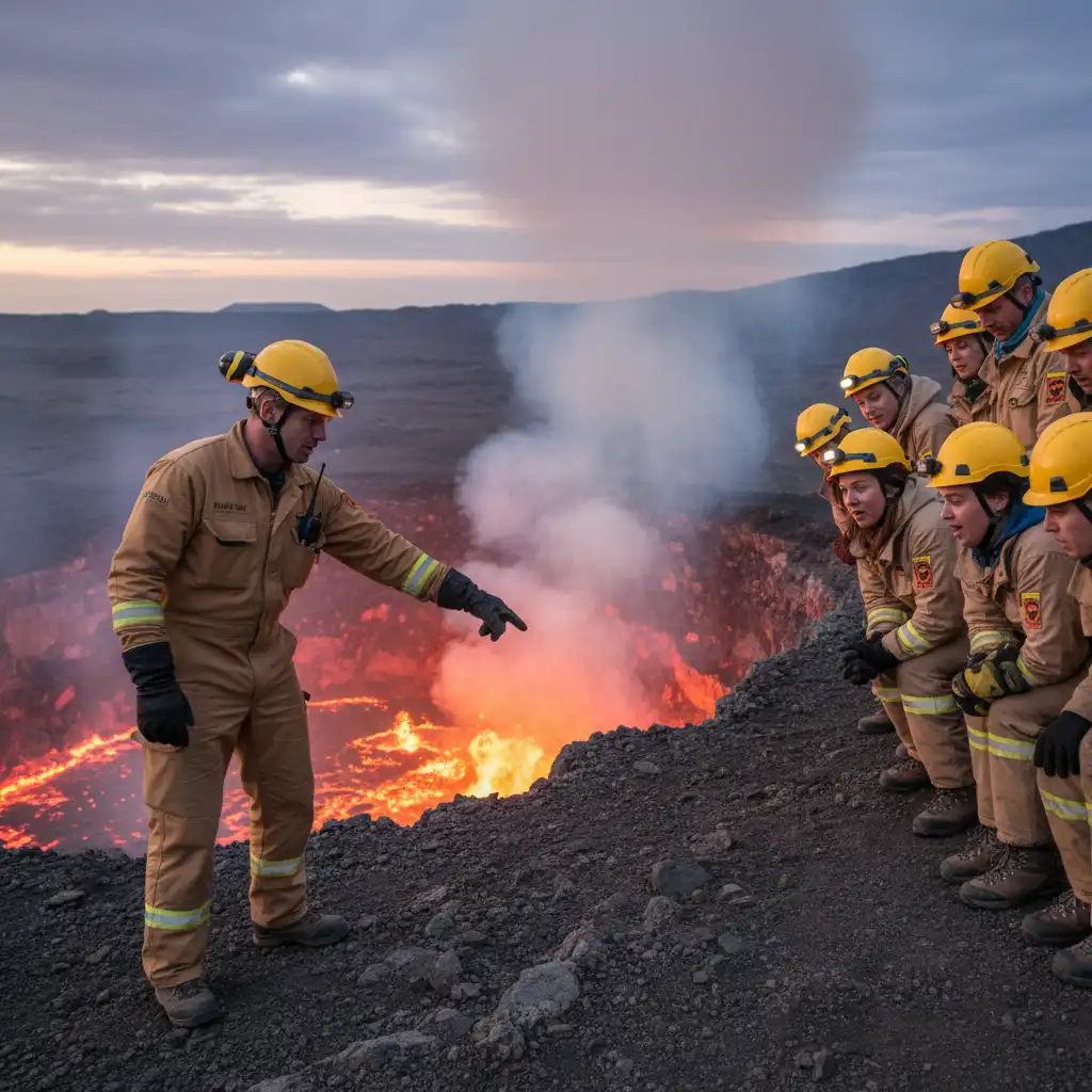 Tourists wearing helmets on the rim of Mt Yasur