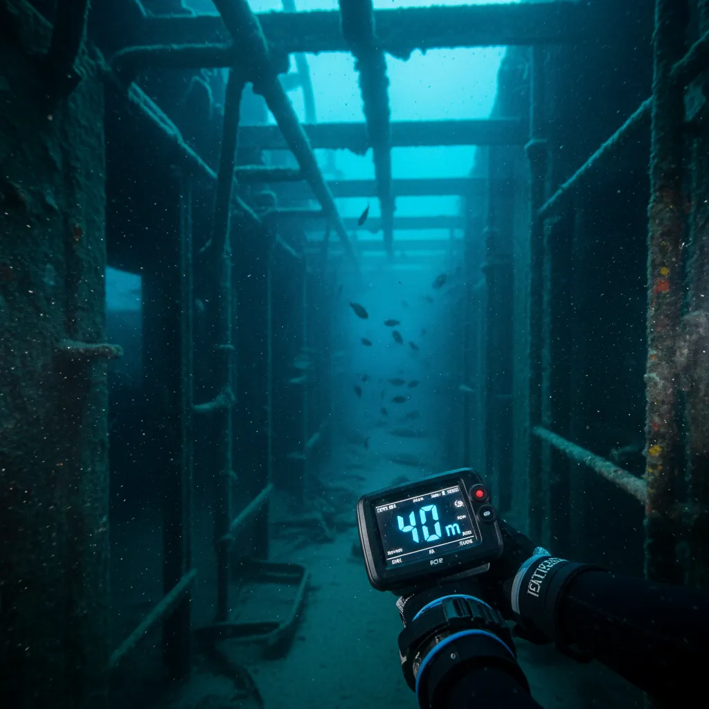 Dive computer showing depth inside the Coolidge wreck