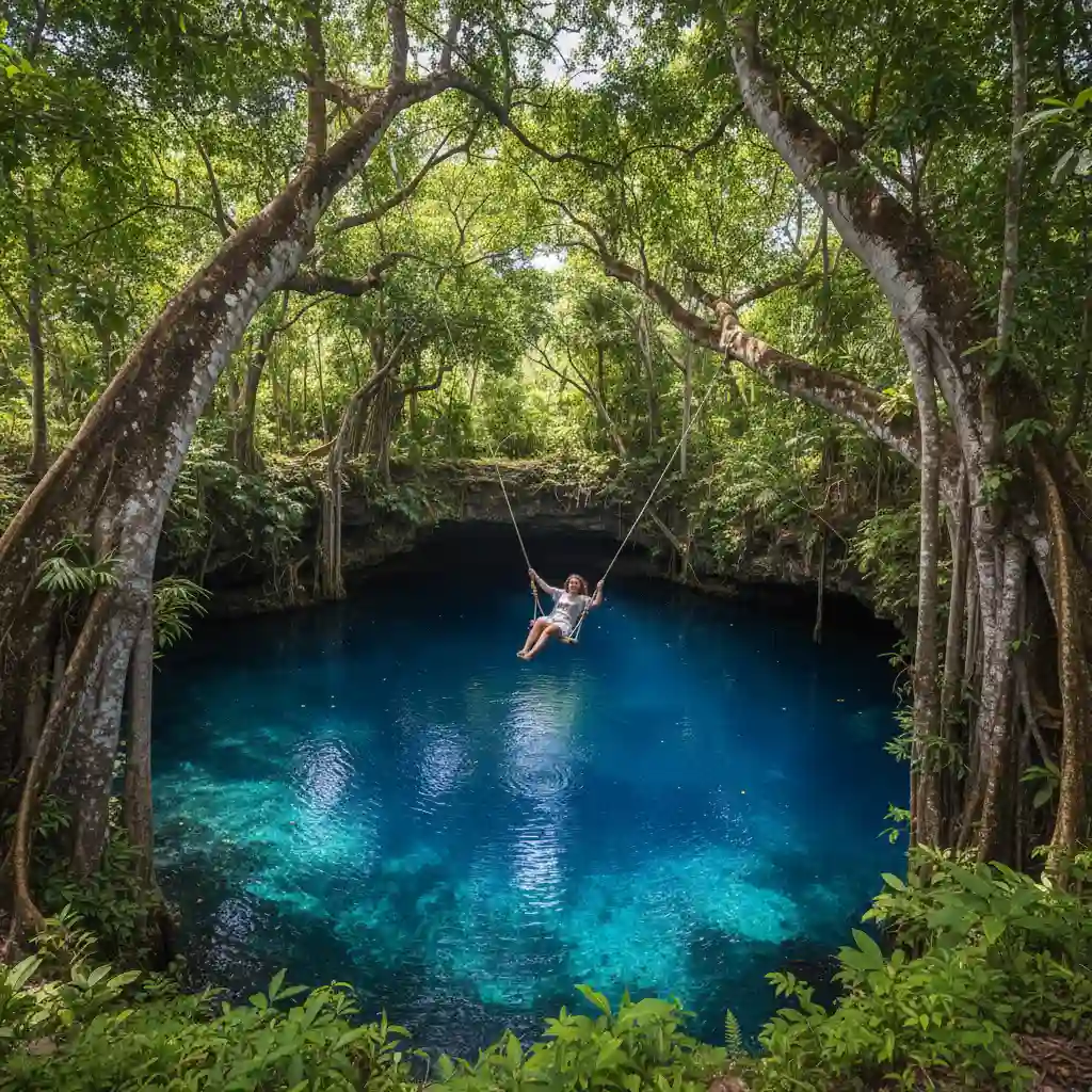 Matevulu Blue Hole rope swing in Espiritu Santo