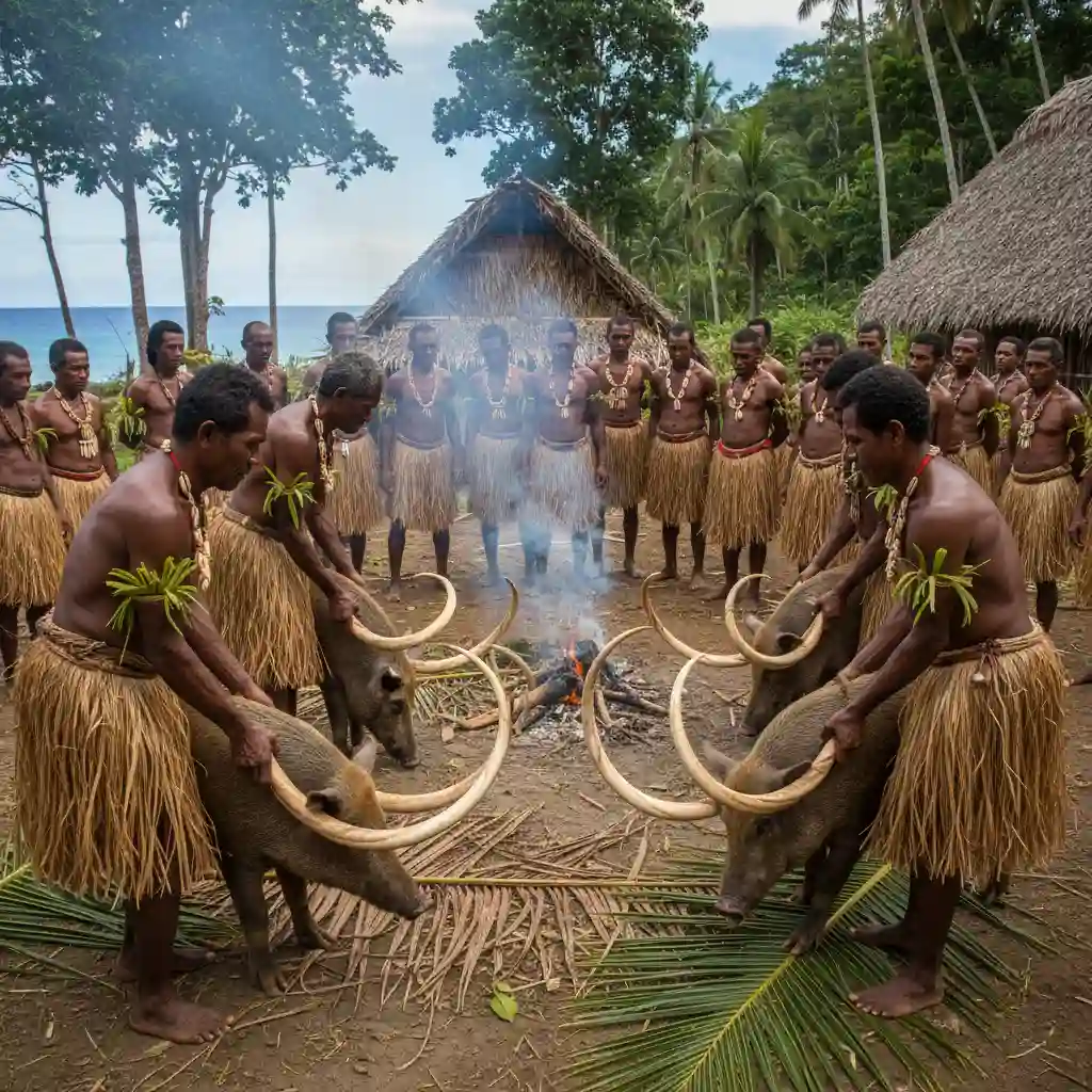 Ceremonial pig exchange in Vanuatu indicating chiefly rank