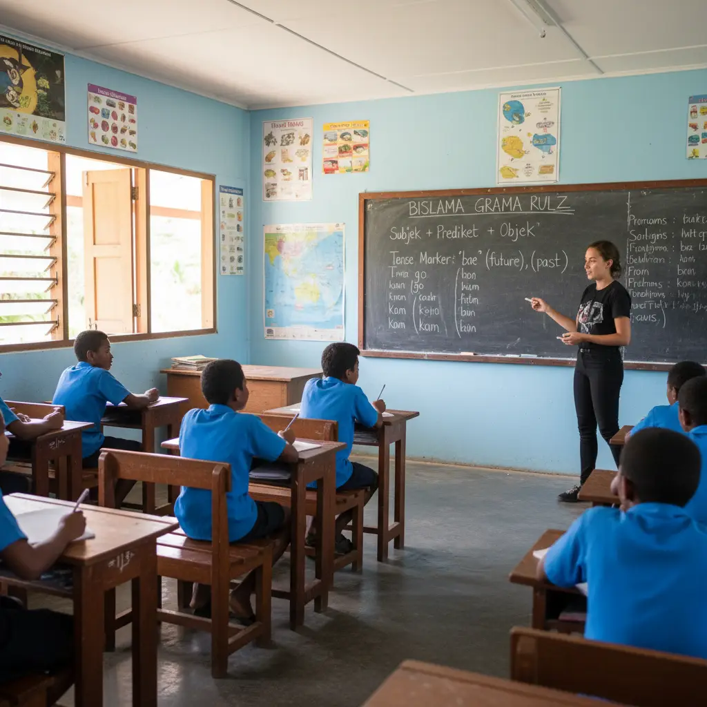 Bislama grammar lesson on a blackboard
