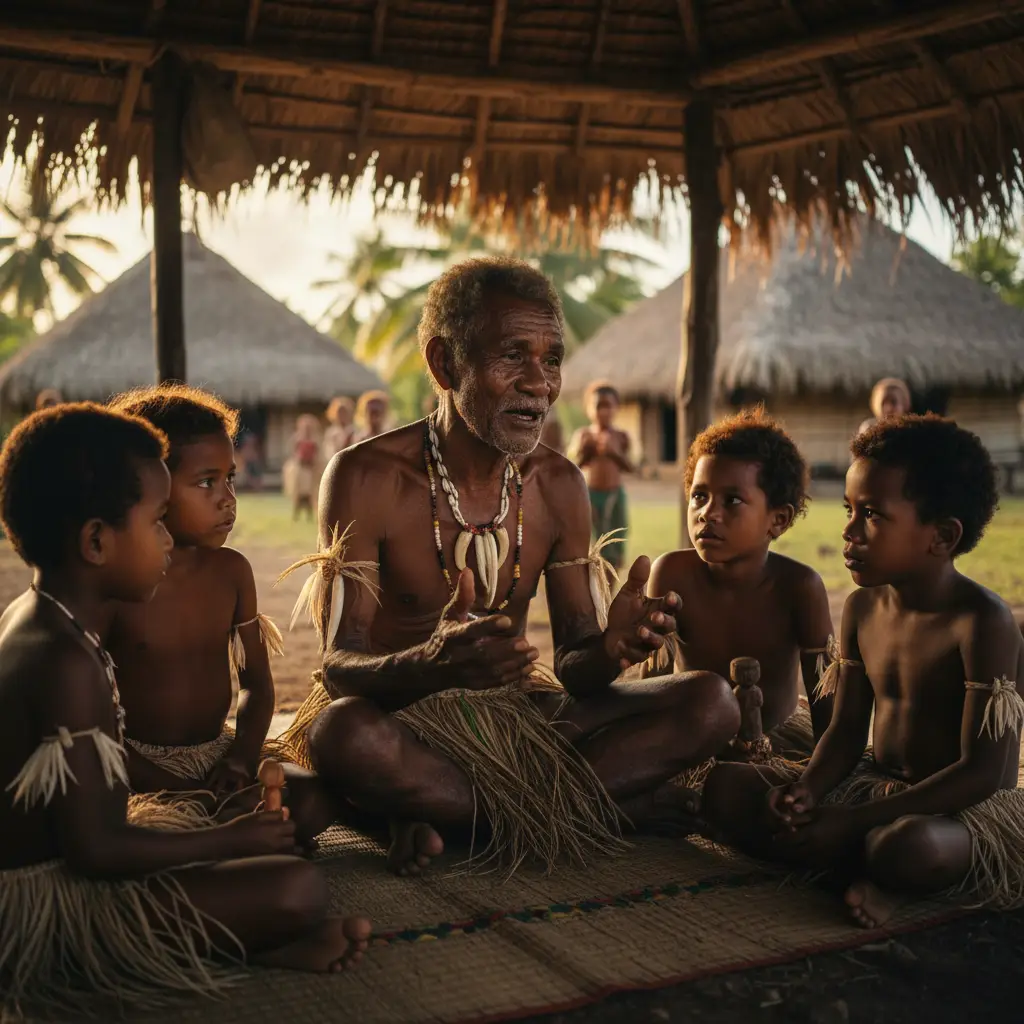 Elder teaching traditional language to children in a Vanuatu village