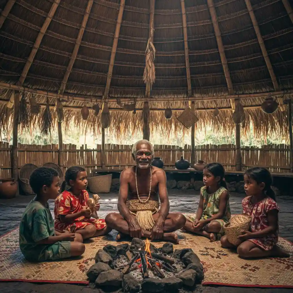 Elder teaching children in Vanuatu to preserve indigenous language