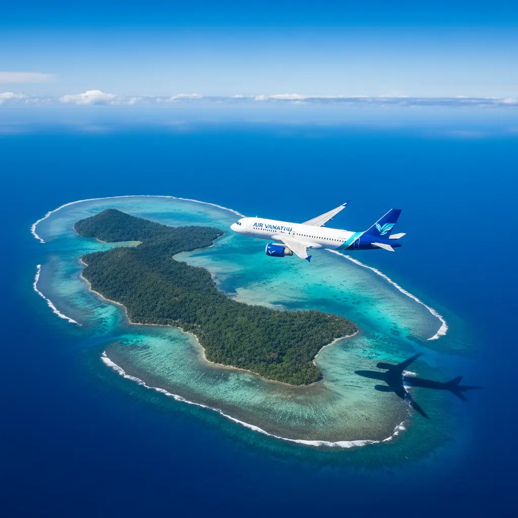 Airplane flying over Vanuatu islands