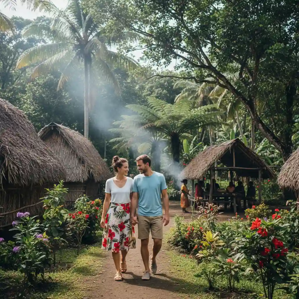 Tourists wearing culturally appropriate clothing in a Vanuatu village