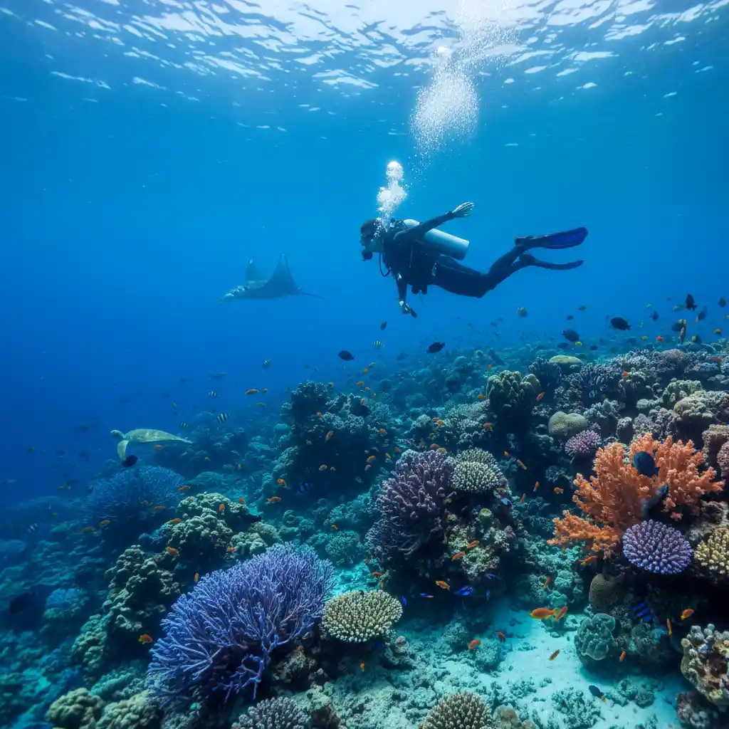 Diver practicing responsible tourism in Vanuatu by protecting coral reefs