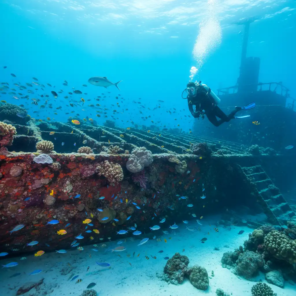 Scuba diver exploring the SS President Coolidge wreck in Espiritu Santo