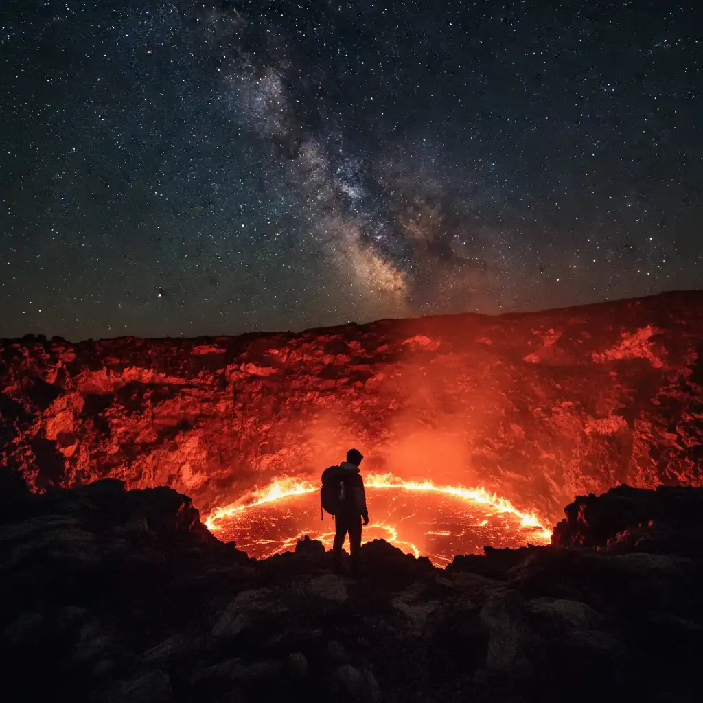 Hiker looking into the lava lake of Mount Marum at night