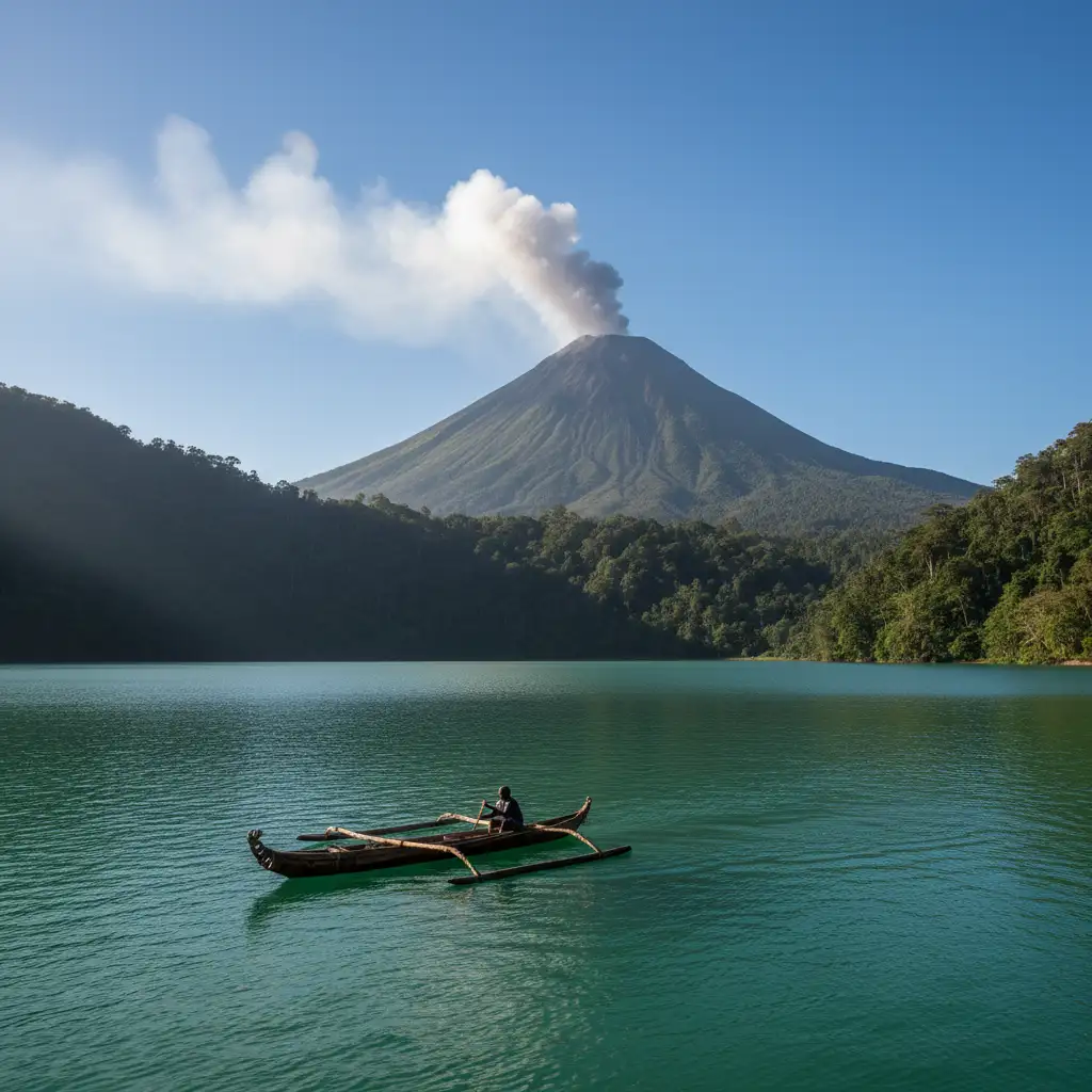 The smoking Mount Garet rising above Lake Letas in the Banks Islands