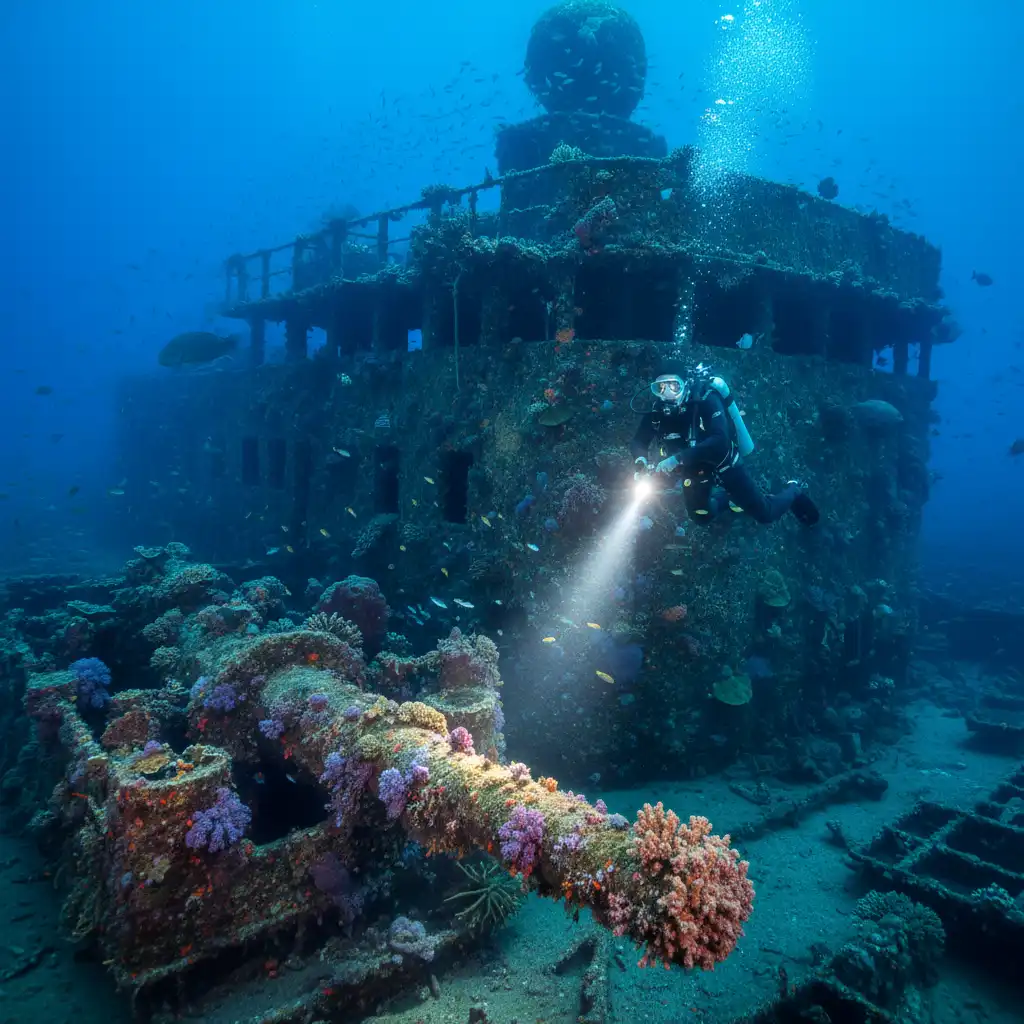 Scuba diver at SS President Coolidge wreck Espiritu Santo