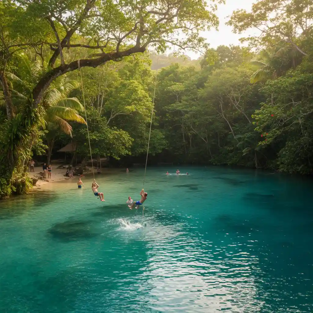 Tourists enjoying the rope swings at the Blue Lagoon Efate