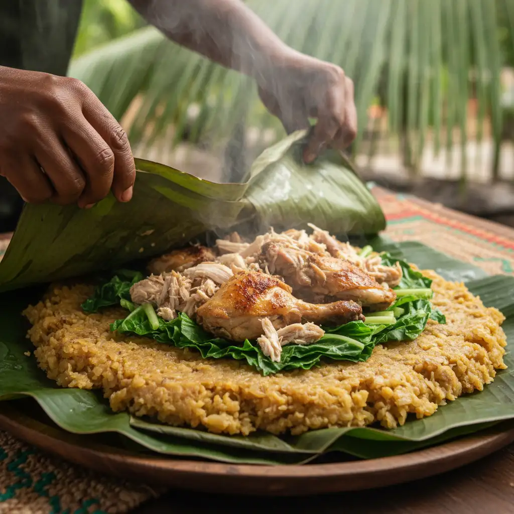 Traditional Vanuatu Laplap dish unwrapped from banana leaves