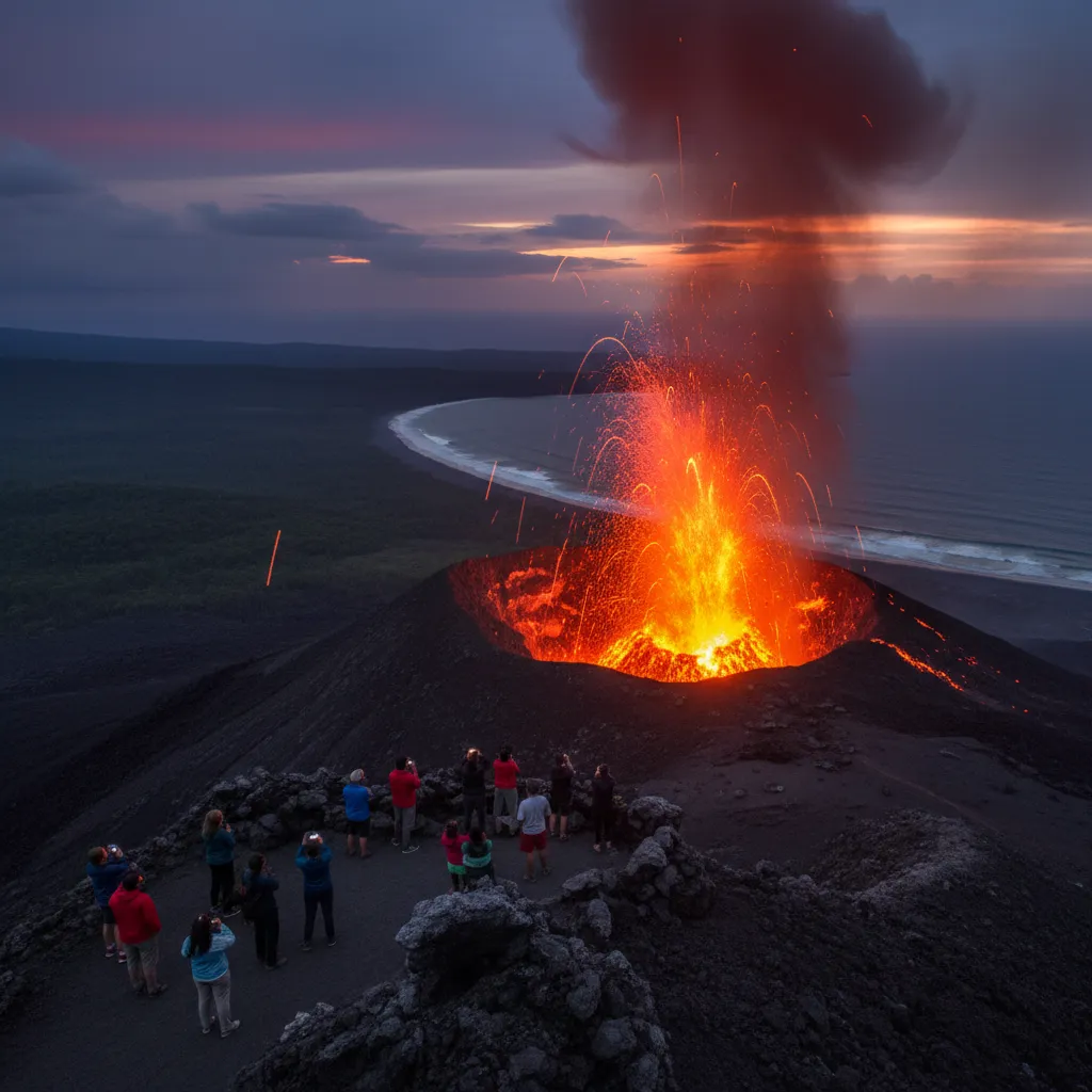 Tourists watching Mount Yasur volcano eruption on Tanna Island
