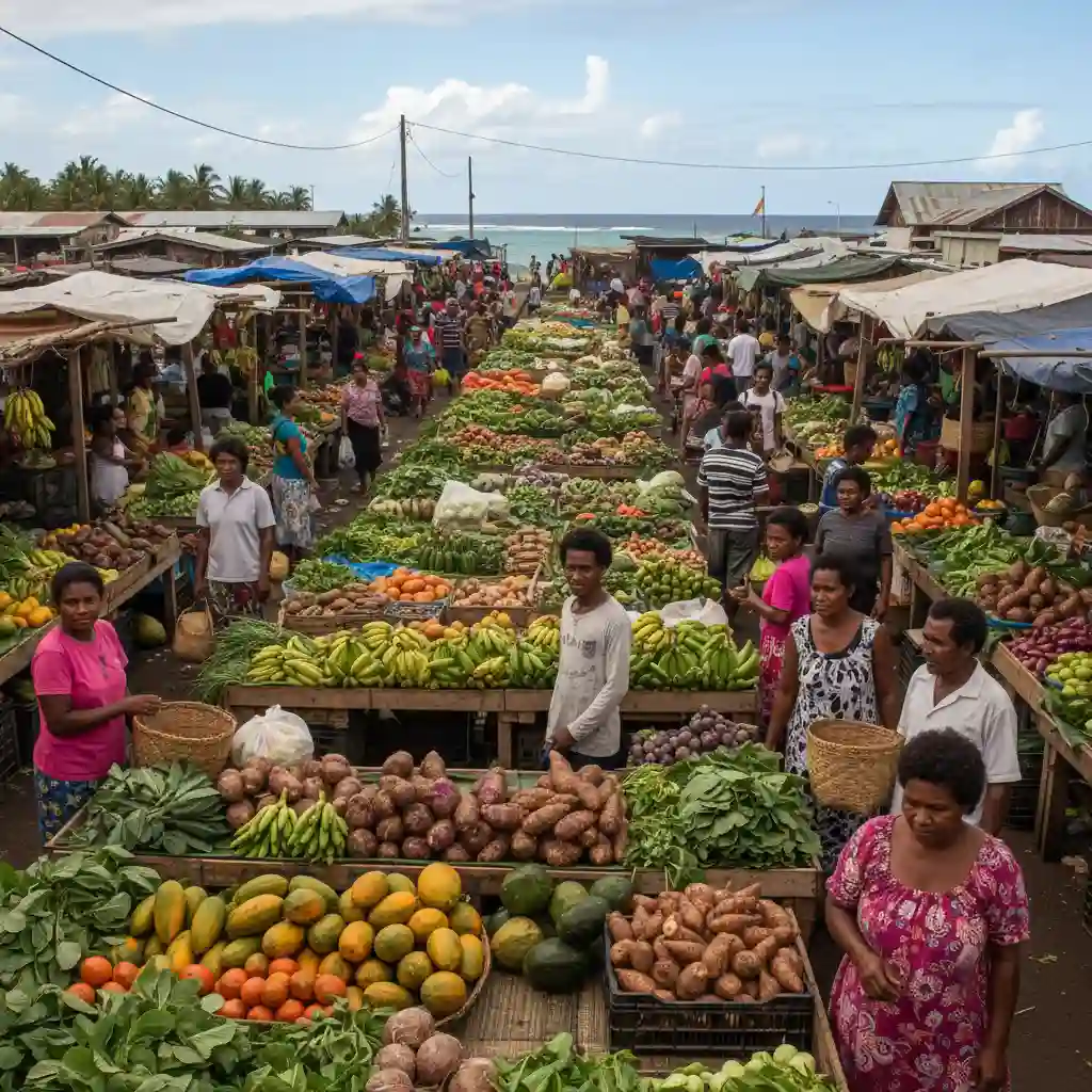 Vanuatu market scene with Bislama phrases