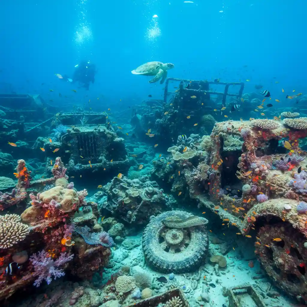 Underwater view of military equipment covered in coral at Million Dollar Point, Vanuatu