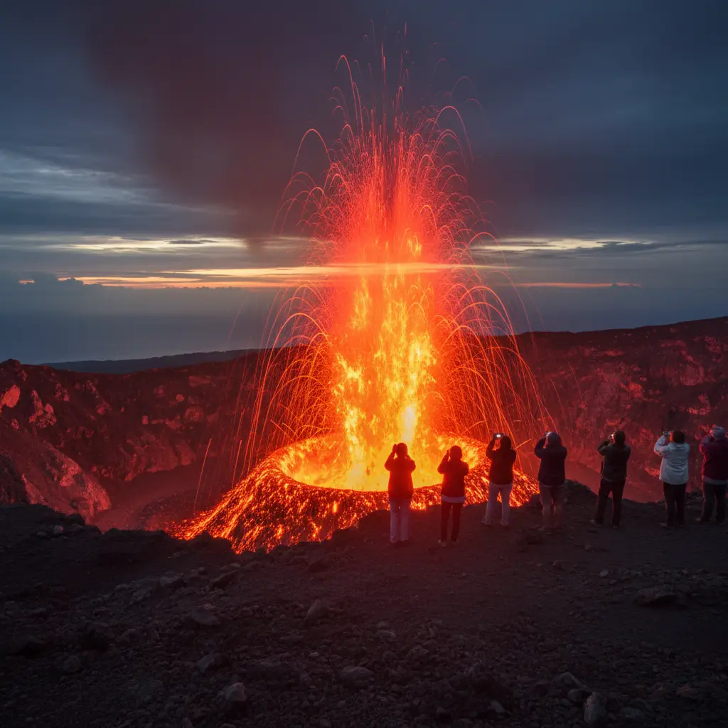 Mount Yasur volcano erupting at sunset, lava explosions visible from viewing platform for tourists