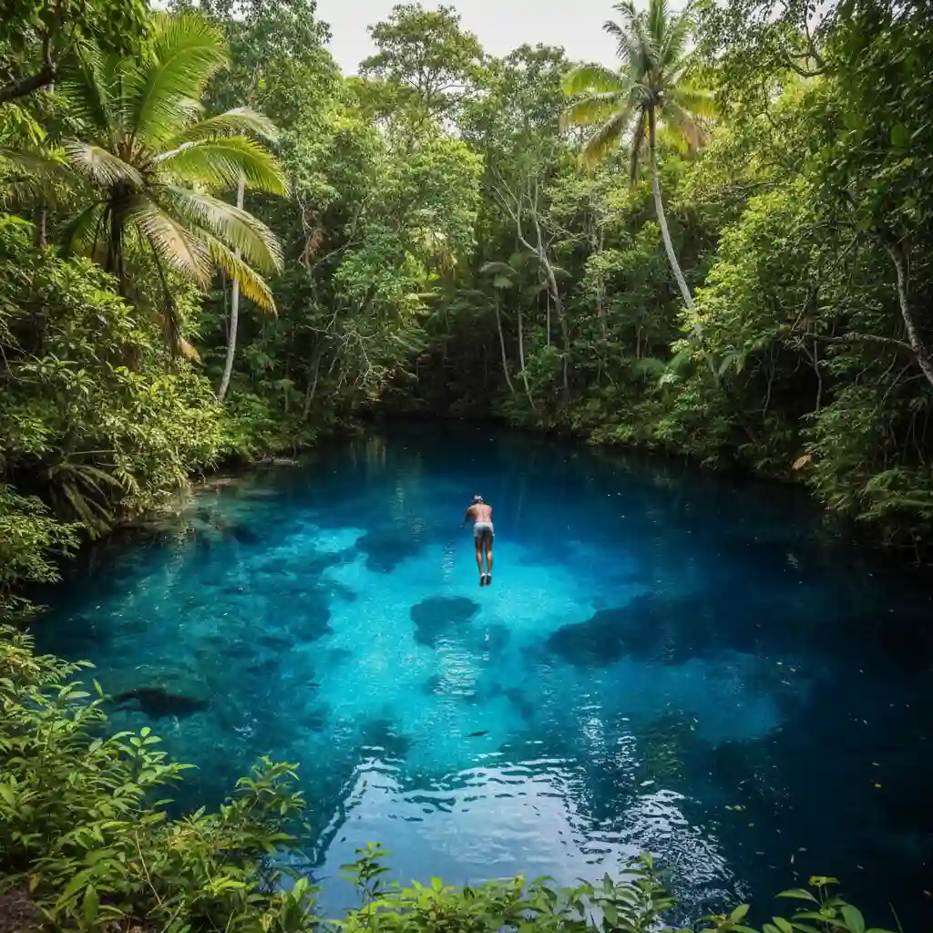 Matevulu Blue Hole in Santo, vibrant blue water with jungle and a diver