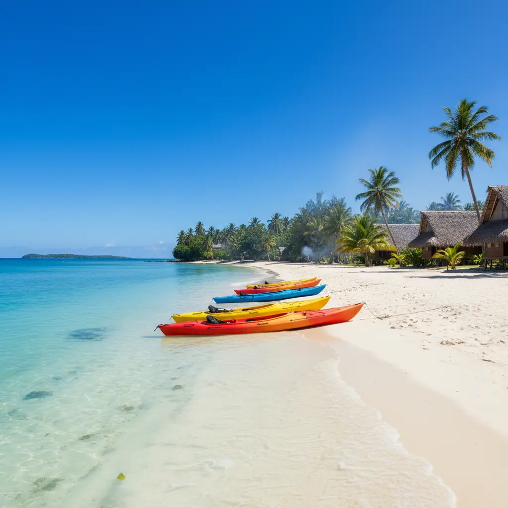 Kayaks on Mele Bay beach with resort in background