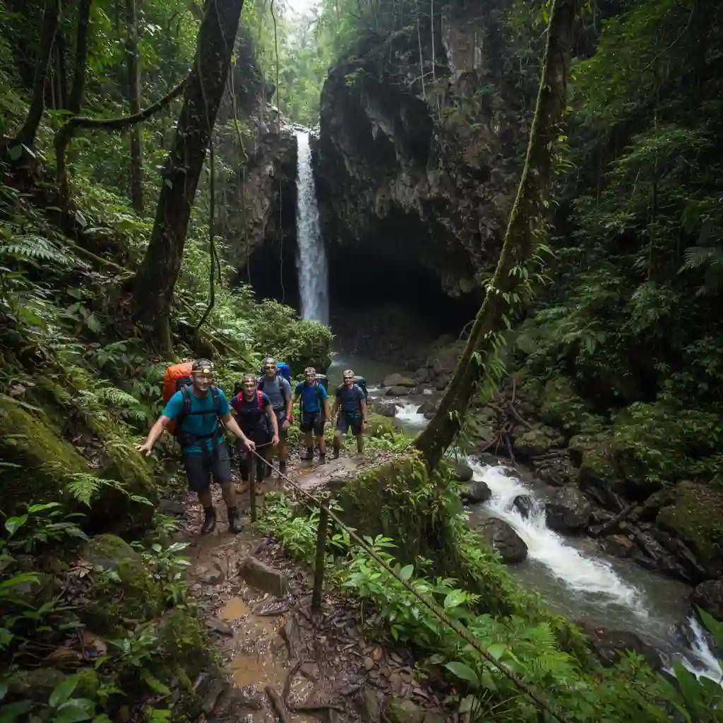 Adventurous trekkers on the Millennium Cave trek, exploring Santo's jungle trails