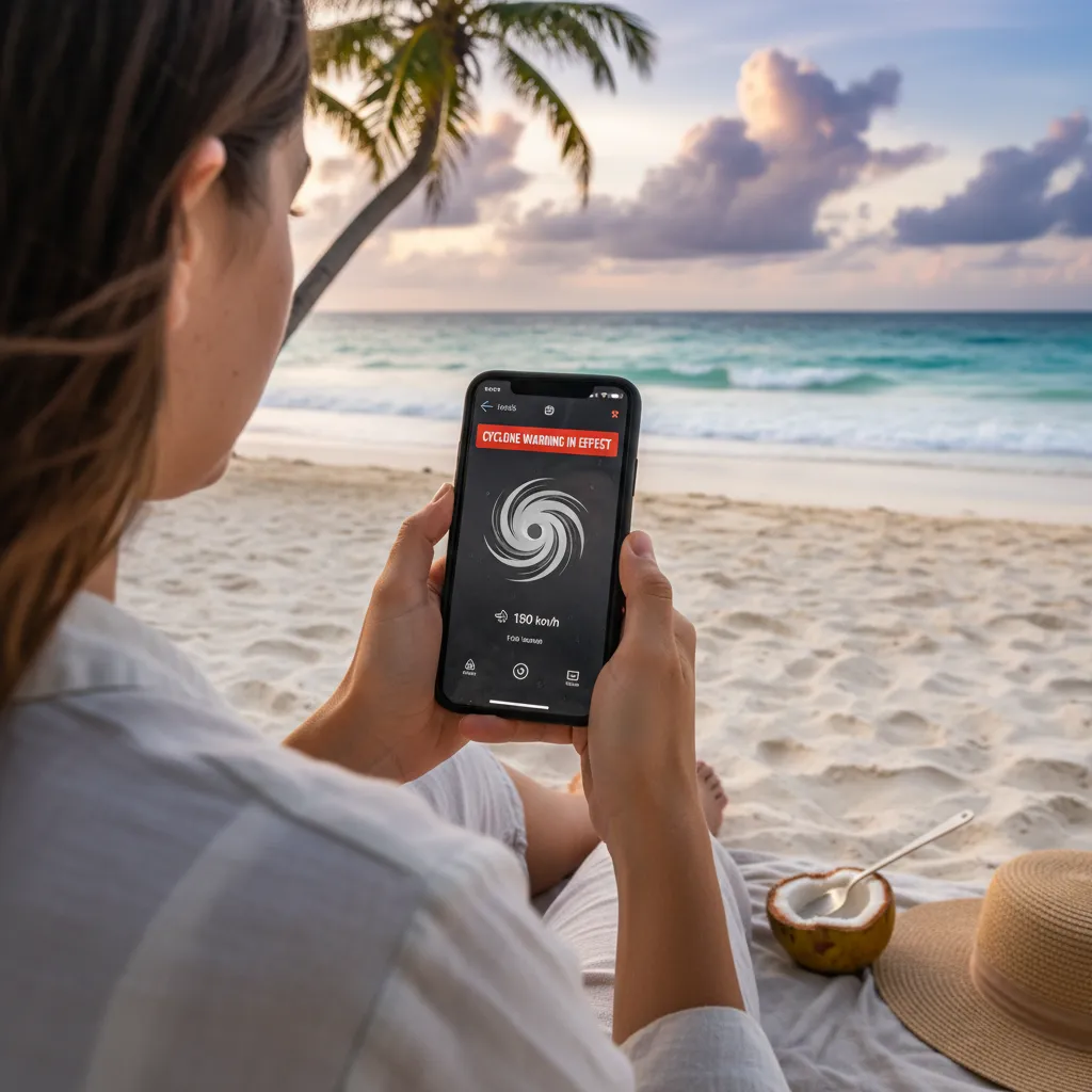 Traveller checking cyclone forecast on phone in Vanuatu