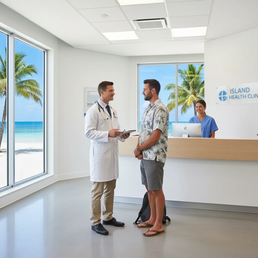 Tourist receiving medical advice in Vanuatu clinic, travel insurance