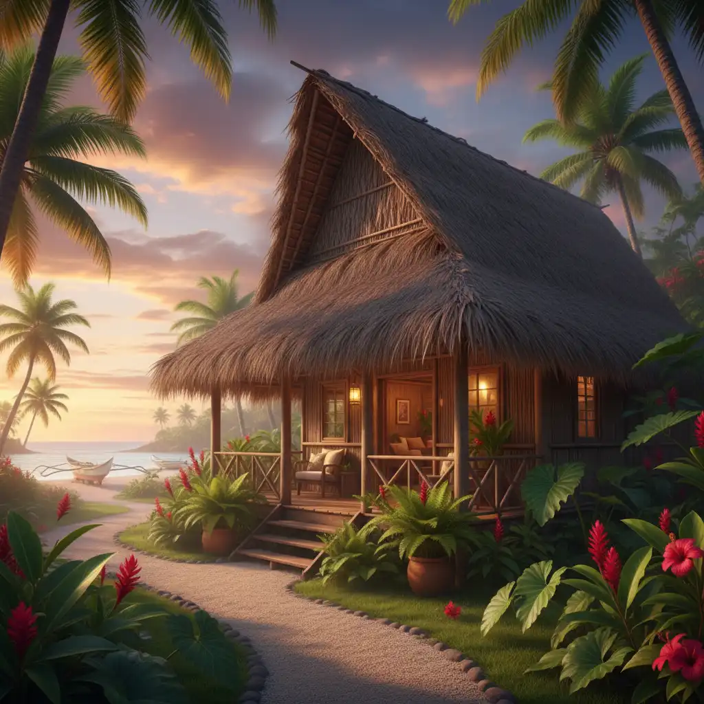 Rustic guesthouse with thatched roof on a Vanuatu outer island, perfect for budget travelers