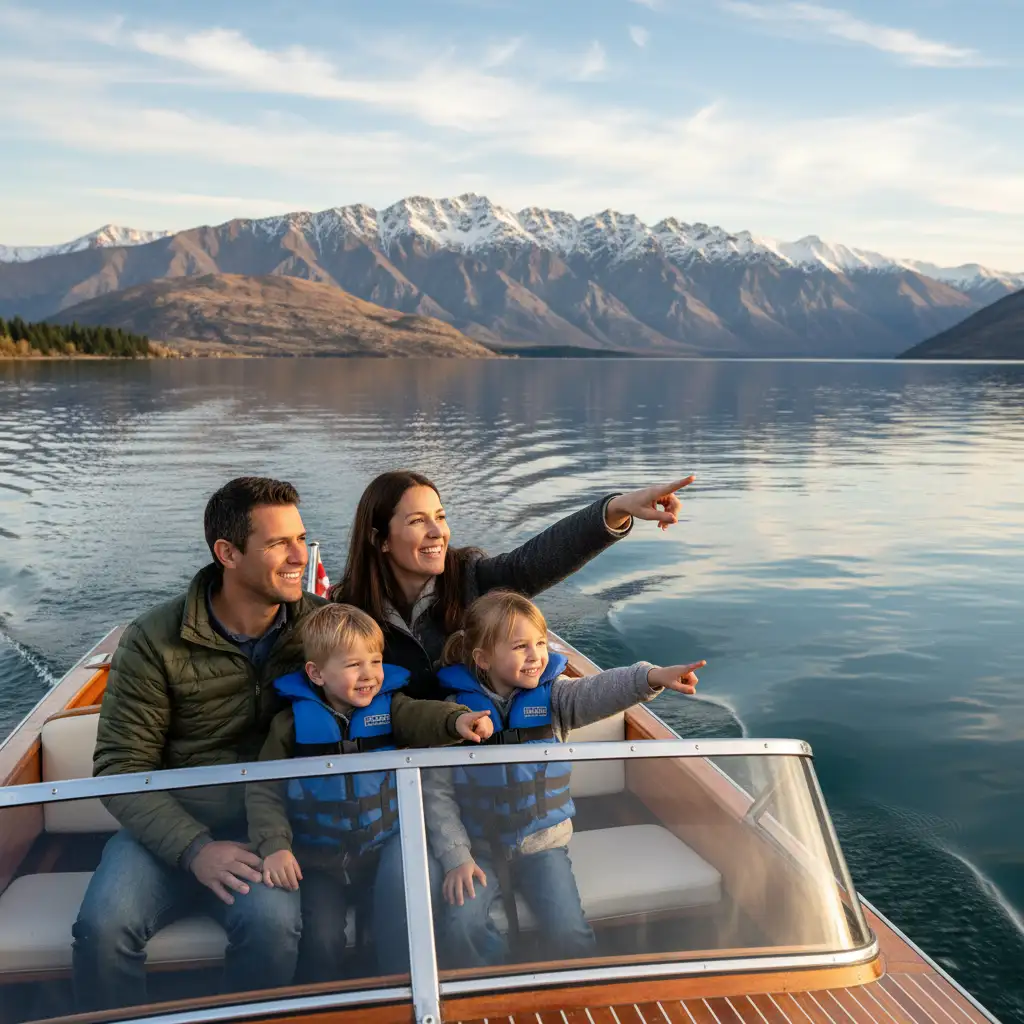 Family enjoying boat cruise on Lake Wakatipu, Queenstown