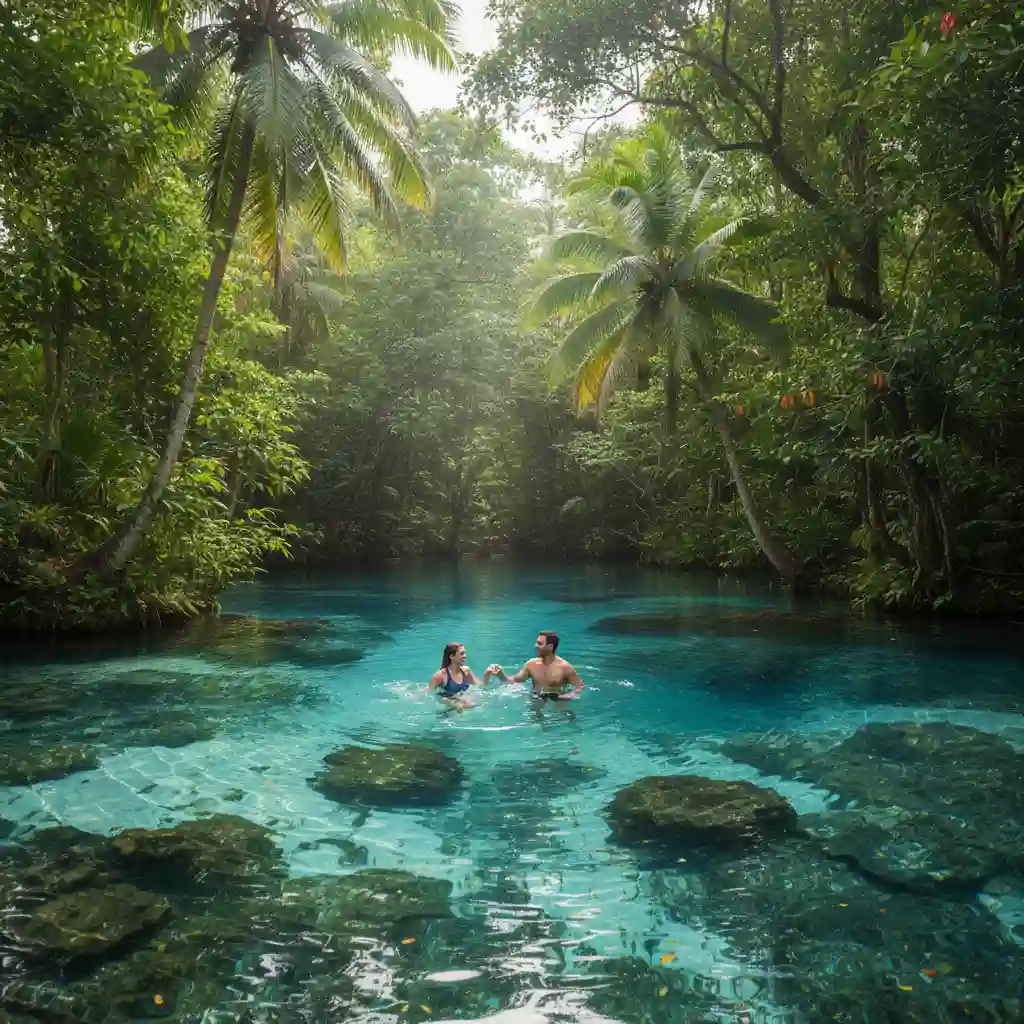 Couple swimming in a Vanuatu Blue Hole