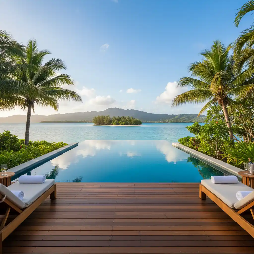 Private deck and pool overlooking the lagoon in Vanuatu
