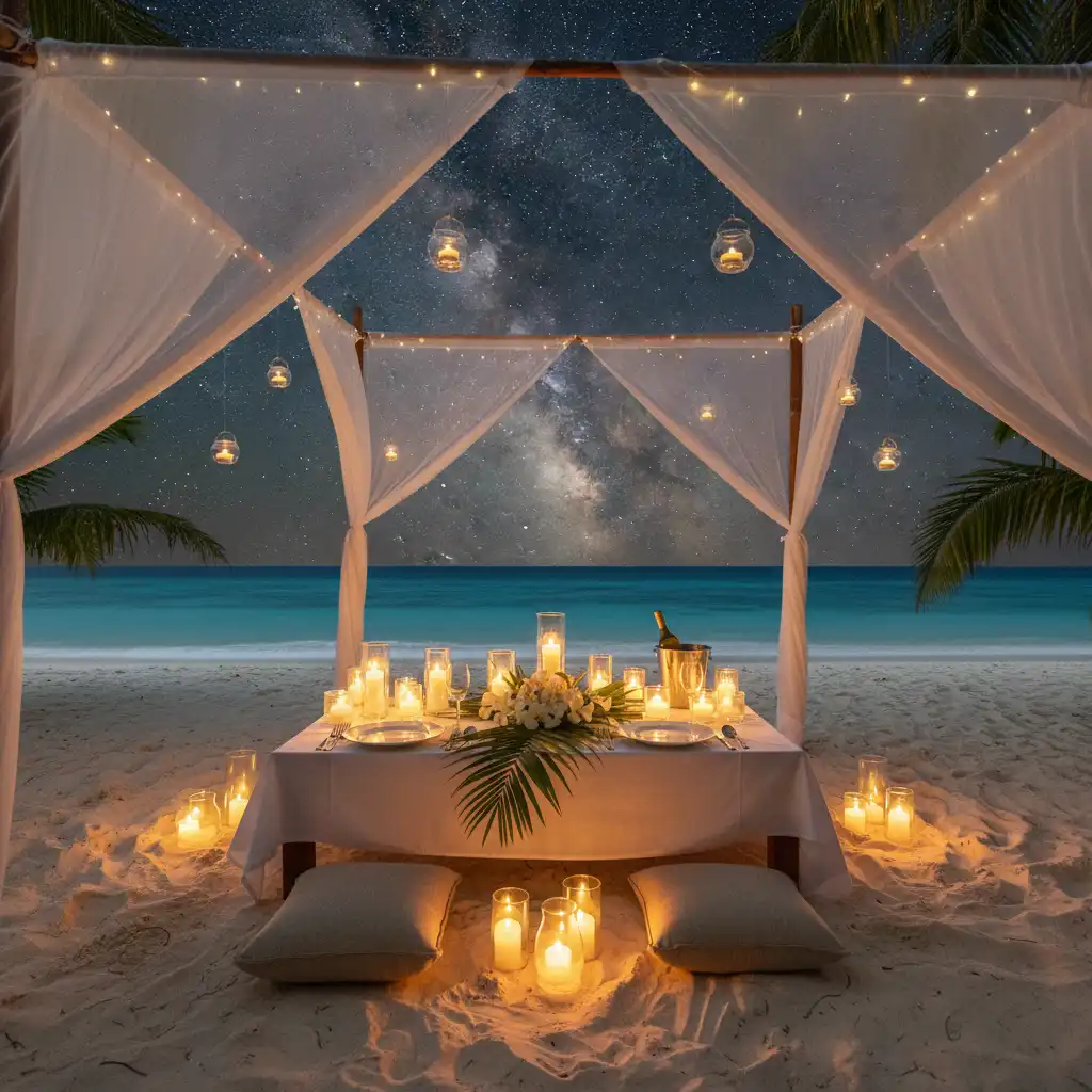 Romantic beach dining at an adults-only resort in Vanuatu